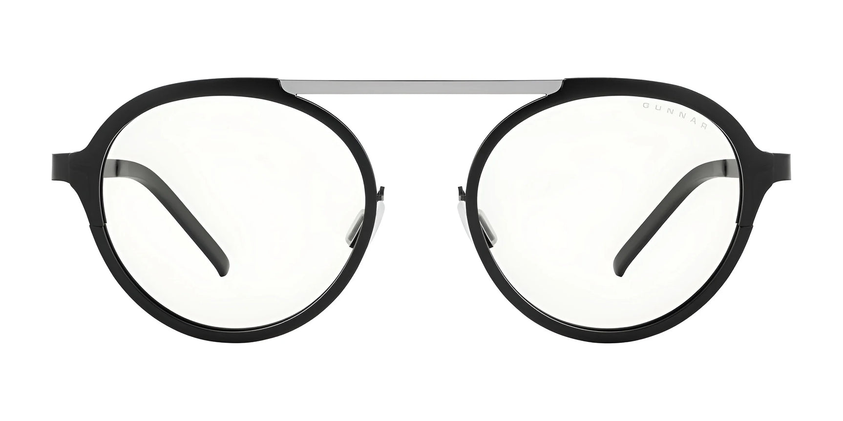 The Gunnar Pacifica Computer Glasses, size 50, feature a minimalist design with round black frames and a silver bridge, perfectly merging style and function.