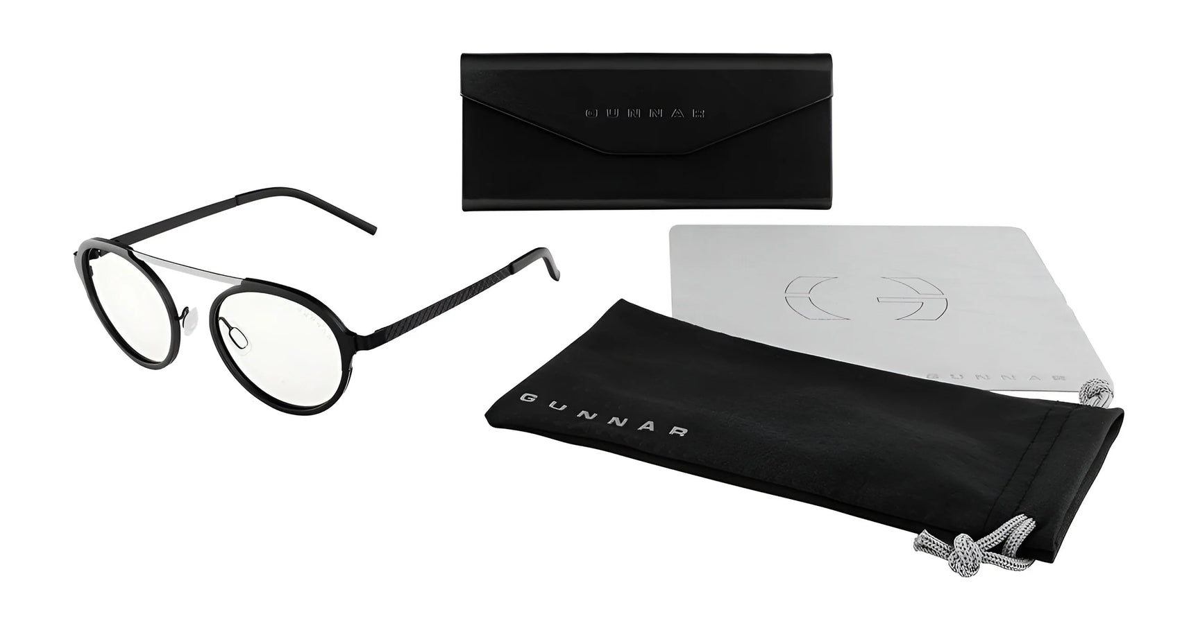 The Gunnar Pacifica Computer Glasses | Size 50 feature a minimalist round black design and come with a sleek black case, branded cleaning cloth, and soft pouch.