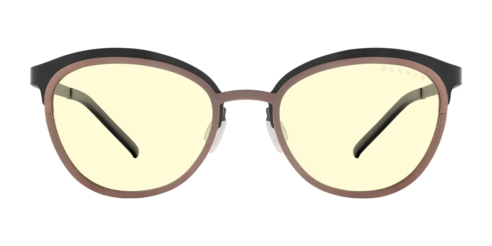GUNNAR Palomar Computer Glasses feature brown round frames, yellow-tinted blue light blocking lenses, black temples, and thin nose pads.