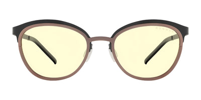 GUNNAR Palomar Computer Glasses feature brown round frames, yellow-tinted blue light blocking lenses, black temples, and thin nose pads.