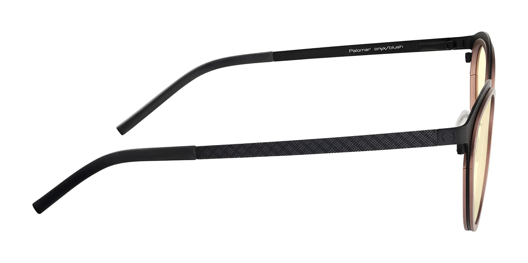 Side view of Gunnar Palomar Computer Glasses in black, featuring round lenses and slender arms to block blue light, elegantly presented on a white background.
