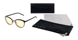 Gunnar Palomar Computer Glasses (Size 51) by Gunnar are black-framed, round glasses with yellow lenses for blue light blocking. They include a sleek black case, cleaning cloth, and a pouch, all shown on a white background.