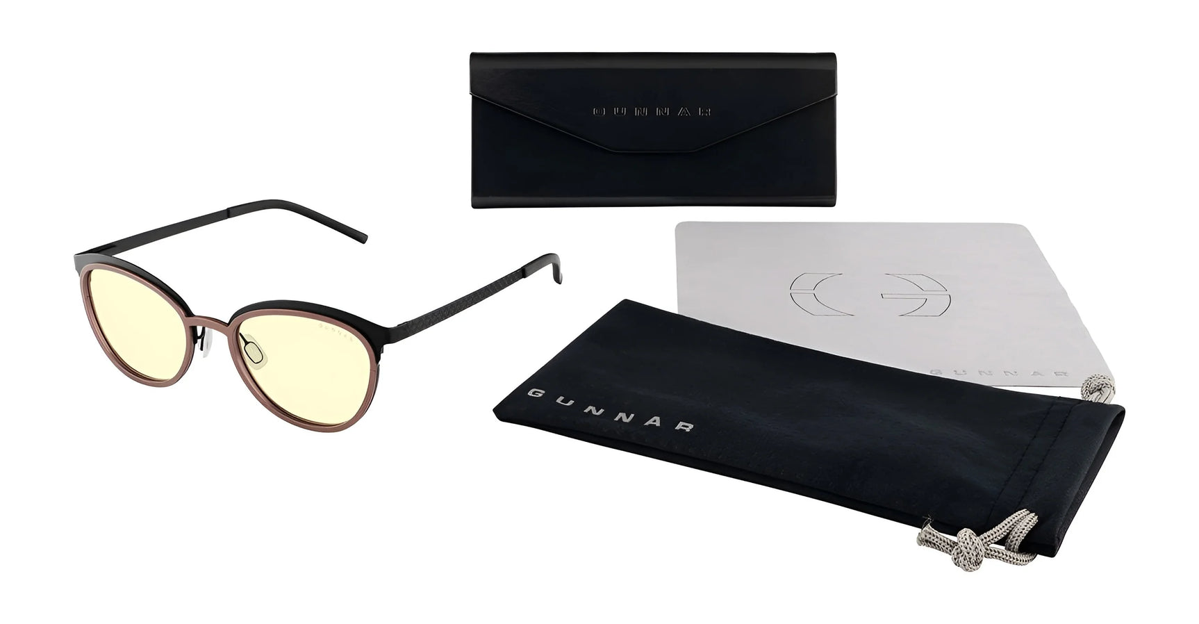 Gunnar Palomar Computer Glasses (Size 51) by Gunnar are black-framed, round glasses with yellow lenses for blue light blocking. They include a sleek black case, cleaning cloth, and a pouch, all shown on a white background.