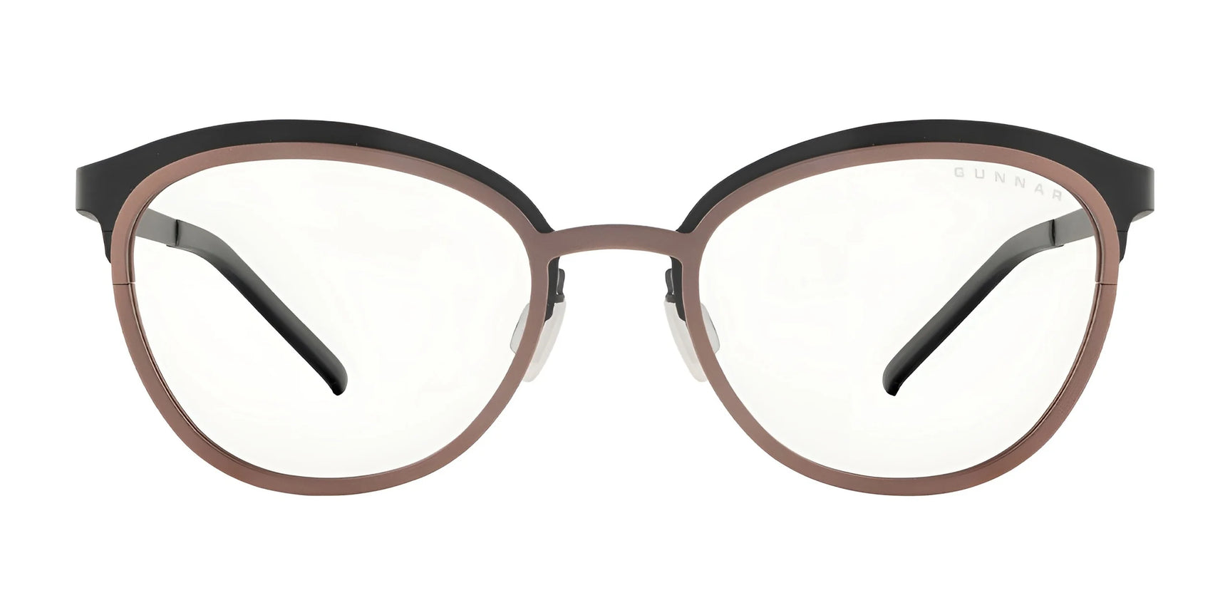 The front view of the brown and black-rimmed Gunnar Palomar Computer Glasses, Size 51, features stylish round frames with clear lenses. These glasses are equipped with blue light blocking technology for optimal eye protection.