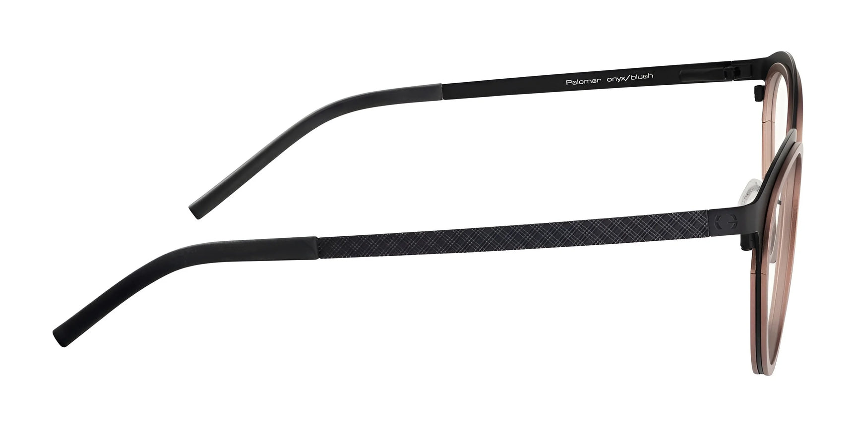 Side view of black-rimmed eyeglasses with textured arms and nose pads, resembling Gunnar's Palomar Computer Glasses in Size 51, expertly crafted to block blue light.