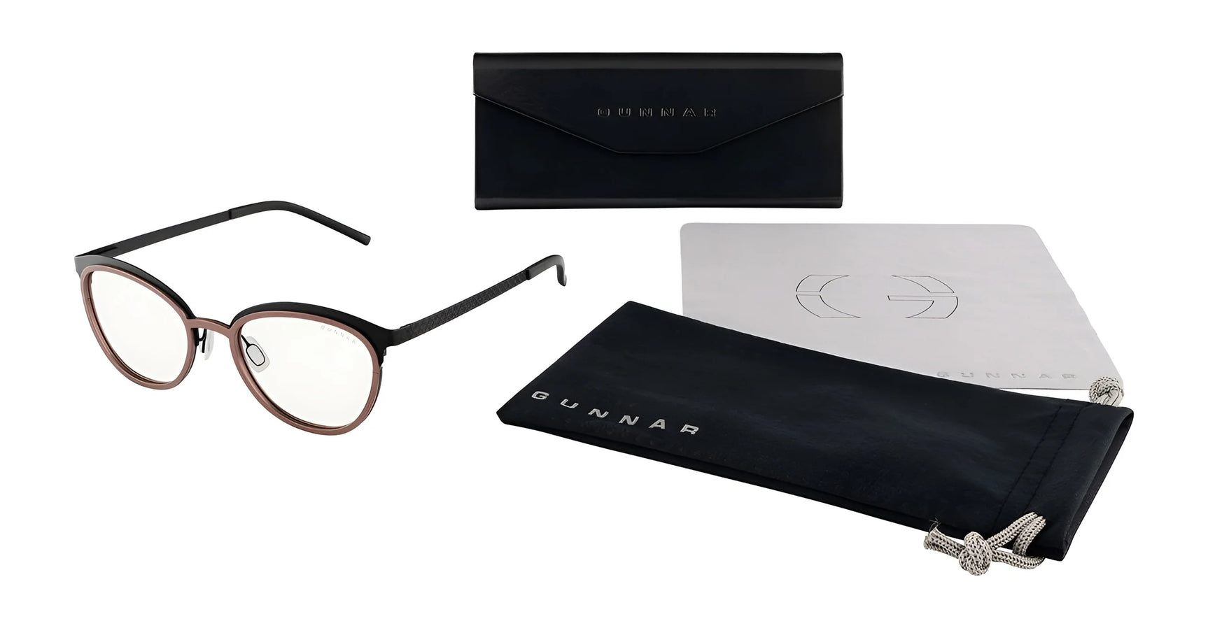 The black-rimmed Gunnar Palomar Computer Glasses, size 51, come with accessories like a case, pouch, and cleaning cloth on a white background.