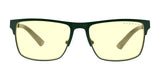 Front view of Gunnar Pendleton Computer Glasses, size 57, features yellow-tinted lenses and a dark frame with blue light blocking GUNNAR lenses.