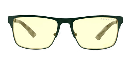 Front view of Gunnar Pendleton Computer Glasses, size 57, features yellow-tinted lenses and a dark frame with blue light blocking GUNNAR lenses.