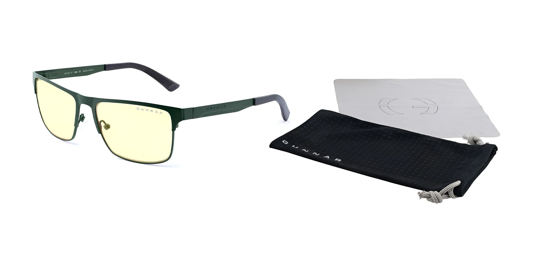 Gunnar Pendleton Computer Glasses (Size 57) have green square rims, blue light blocking yellow lenses, and come with a black drawstring pouch and a microfiber cloth.