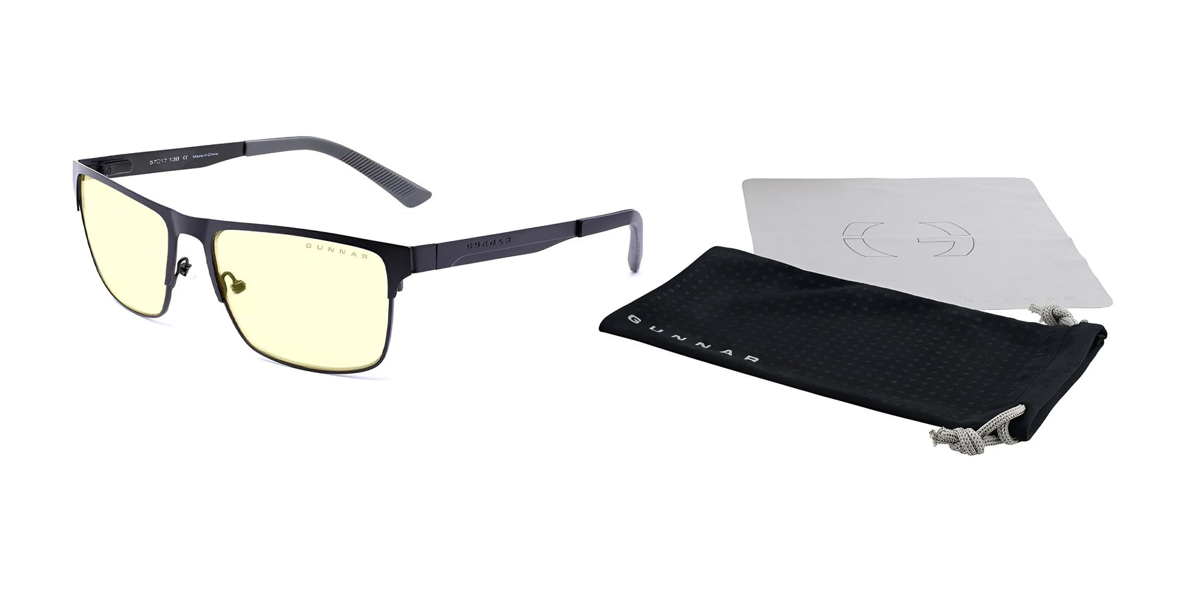 The Gunnar Pendleton Computer Glasses, size 57, feature black frames and yellow-tinted lenses with GUNNAR lens technology for blue light blocking. They come with a pouch and cleaning cloth, offering stylish and functional eye protection during screen time.