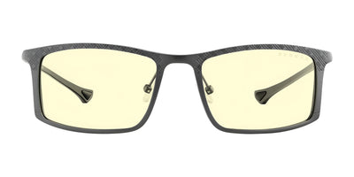 The Gunnar Plaid Computer Glasses in Size 55 feature a rectangular sleek black Magnesium-Aluminum alloy frame with yellow-tinted lenses, expertly designed to block blue light.