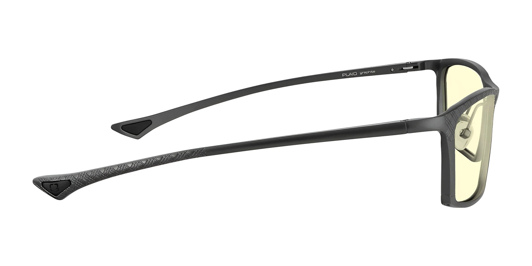 Side view of Gunnar Plaid Computer Glasses, featuring sleek black frames with yellow-tinted lenses and textured temple tips, crafted from a durable magnesium-aluminum alloy.