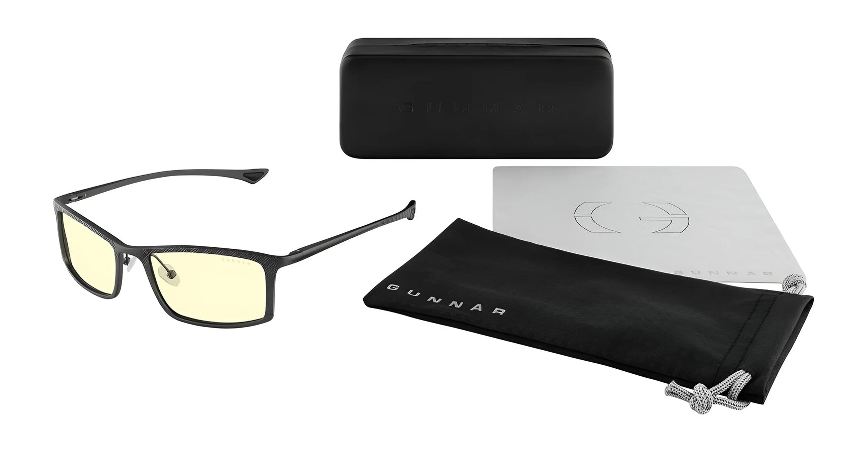 Gunnar Plaid Computer Glasses | Size 55, by Gunnar, feature a magnesium-aluminum alloy frame with black rims and yellow-tinted lenses. They come with a case, cleaning cloth, and pouch against a white background. These stylish glasses block blue light for enhanced comfort and style.