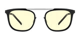 Gunnar Pismo Computer Glasses feature black frames and yellow-tinted lenses to reduce blue light exposure. Stylish and functional, they are displayed against a crisp white background.