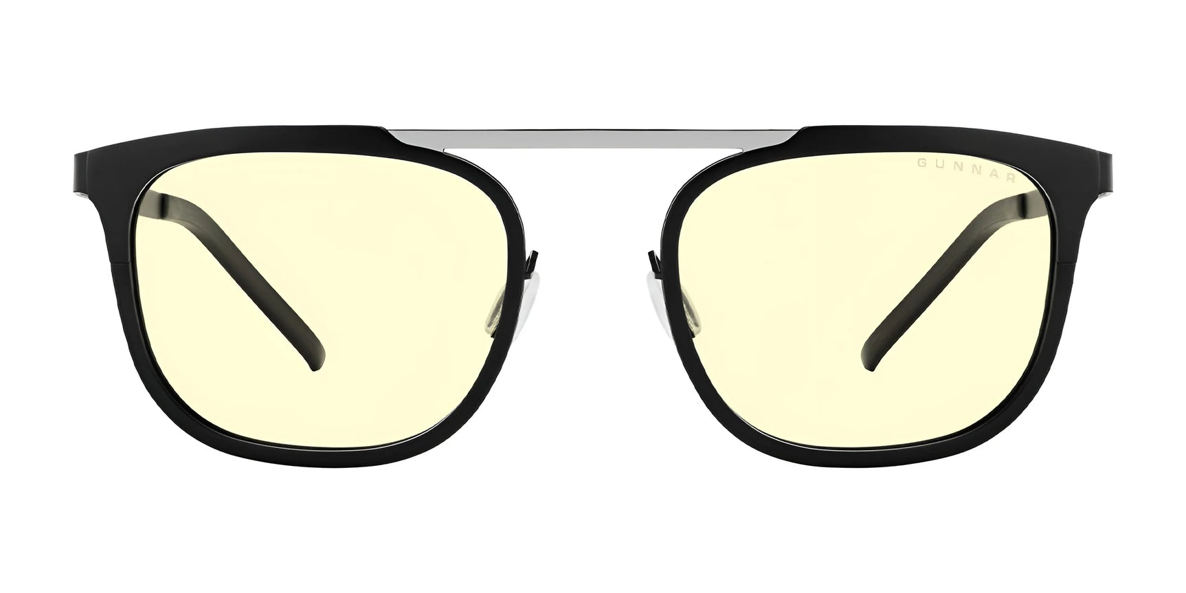 Gunnar Pismo Computer Glasses feature black frames and yellow-tinted lenses to reduce blue light exposure. Stylish and functional, they are displayed against a crisp white background.