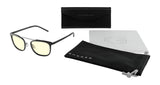 The Gunnar Pismo Computer Glasses, size 50, feature black frames with yellow lenses and come with a sleek black case, cloth pouch, and cleaning cloth. They are perfect for reducing blue light exposure and are elegantly displayed against a white background.