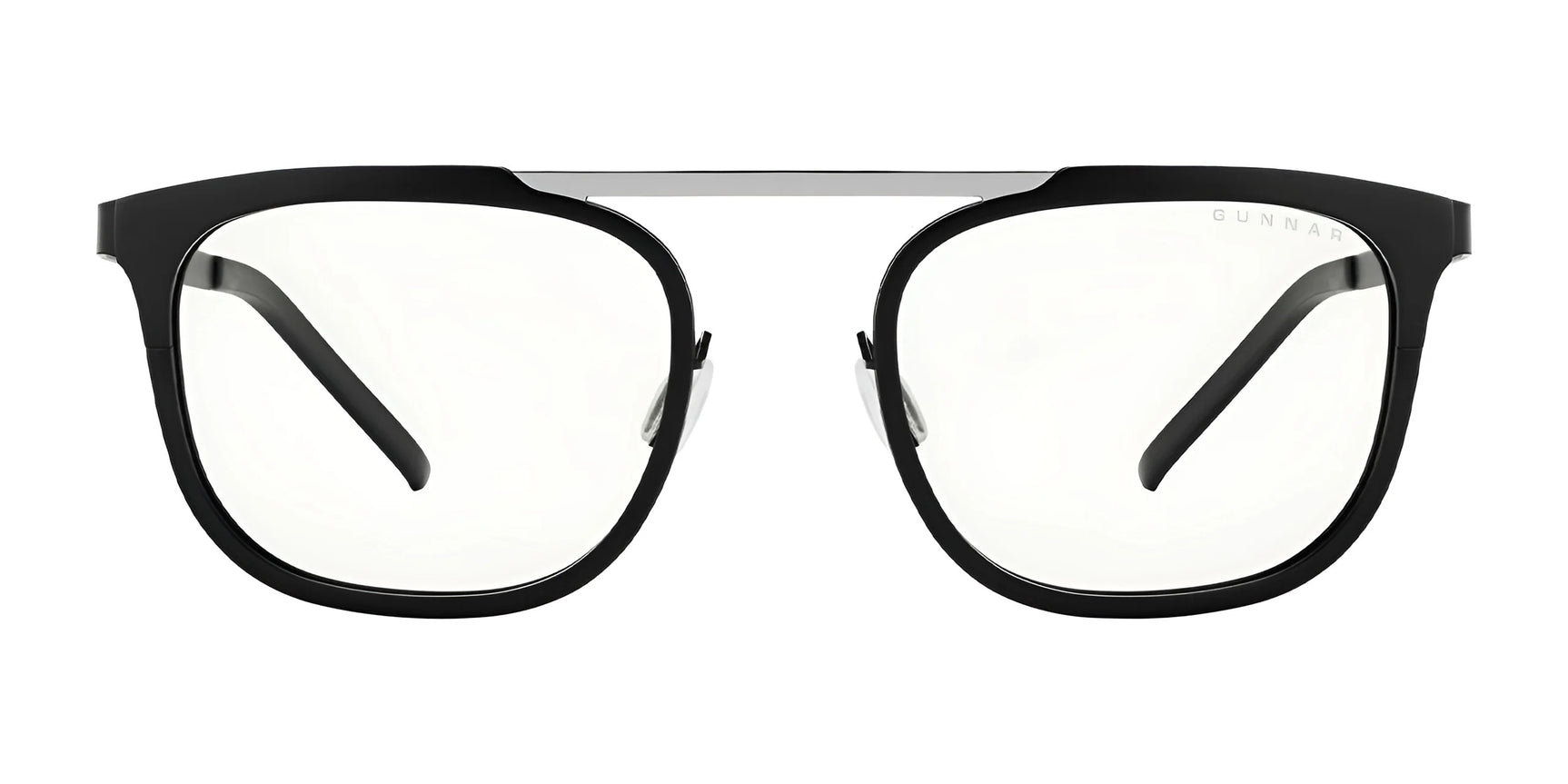 Gunnar Pismo Computer Glasses, size 50, feature a black frame with a clear lens and silver bridge to protect against blue light. Viewed from the front.