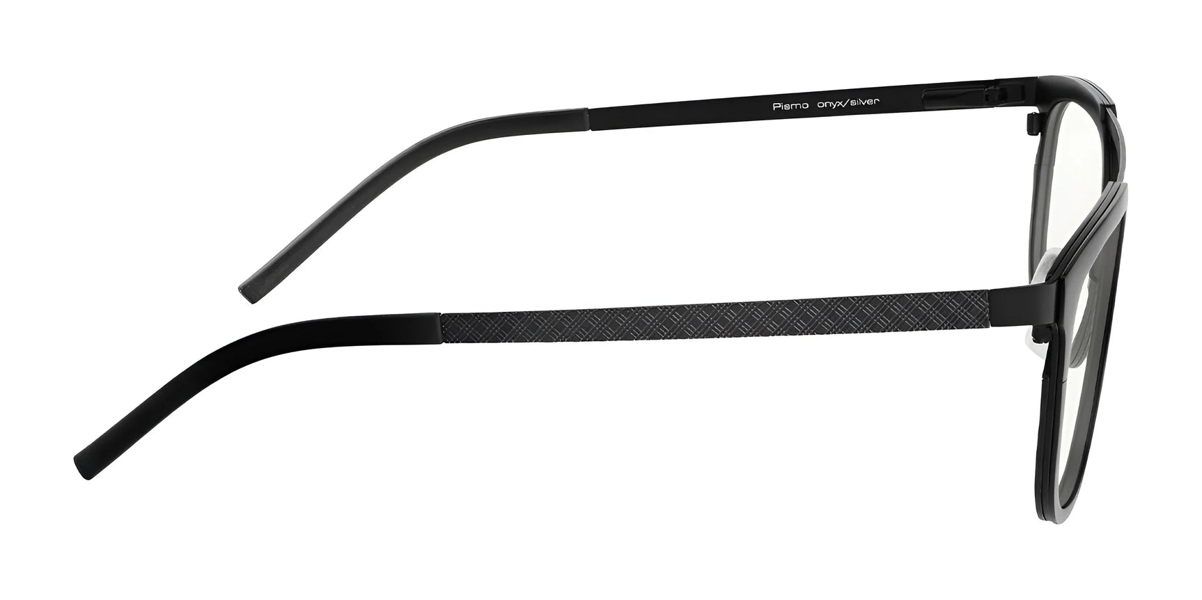Side view of Gunnar Pismo Computer Glasses in sleek black with thin, textured arms and clear lenses on a white background, designed to reduce blue light exposure.