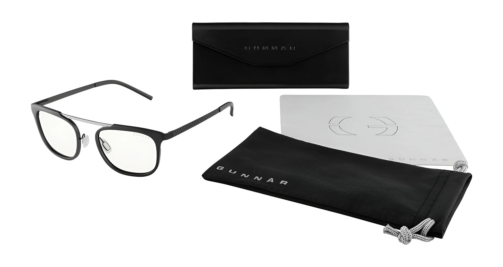 Gunnar's Pismo Computer Glasses, Size 50, come with a leather case, cleaning cloth, and pouch. Ideal for eye protection against blue light, their stylish black frame elevates your daily look.