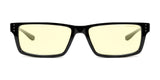 The Gunnar Riot Computer Glasses, size 58, feature black square frames with GUNNAR lens technology and yellow-tinted lenses. The nylon frame ensures durability and blue light protection, all set against a clean white background.