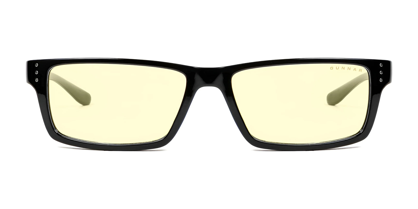 The Gunnar Riot Computer Glasses, size 58, feature black square frames with GUNNAR lens technology and yellow-tinted lenses. The nylon frame ensures durability and blue light protection, all set against a clean white background.