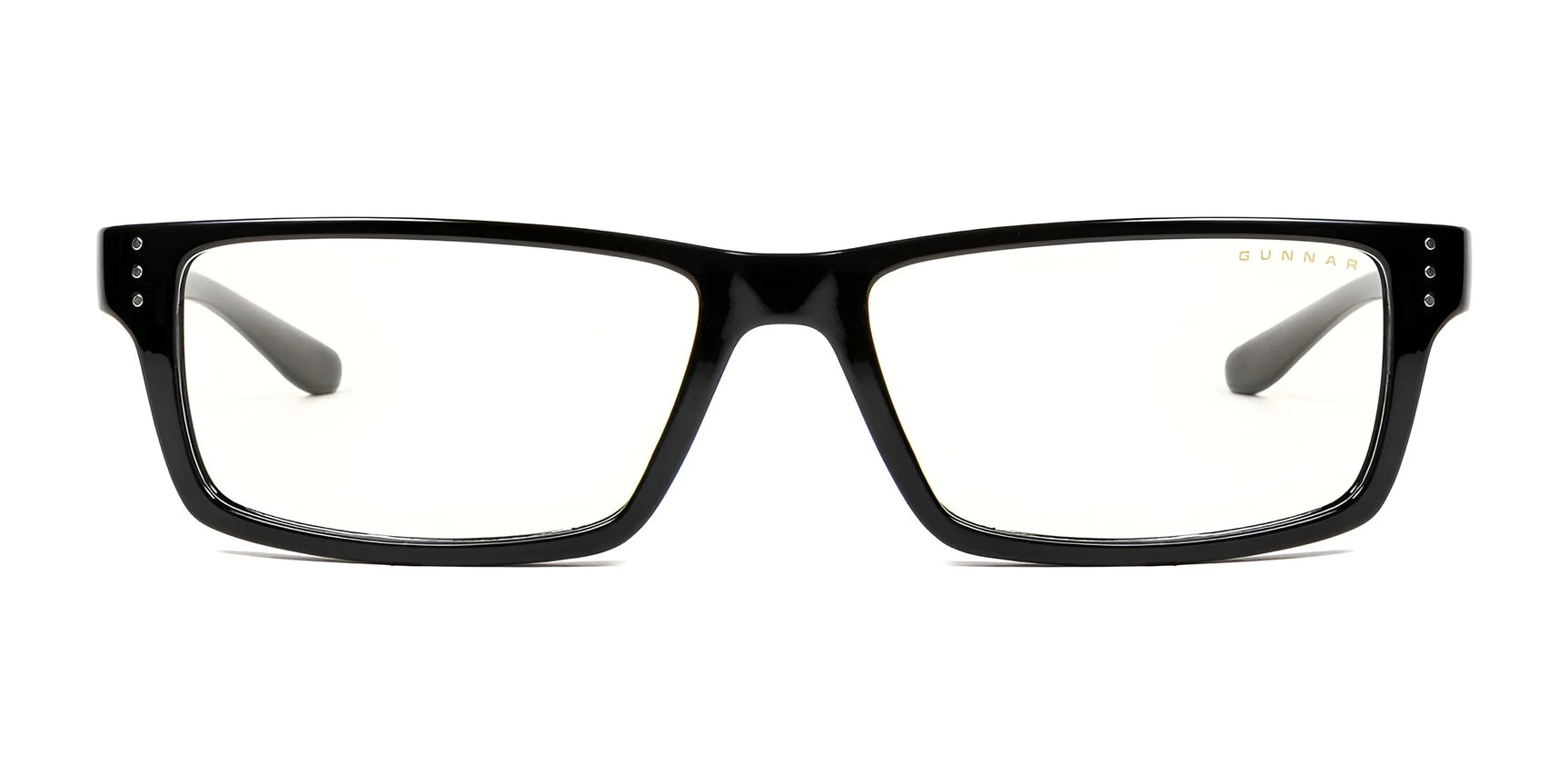 Front view of black rectangular Gunnar Riot Computer Glasses, size 58, featuring clear lenses and a durable nylon frame. Equipped with advanced GUNNAR lens technology for optimal vision and blue light protection.