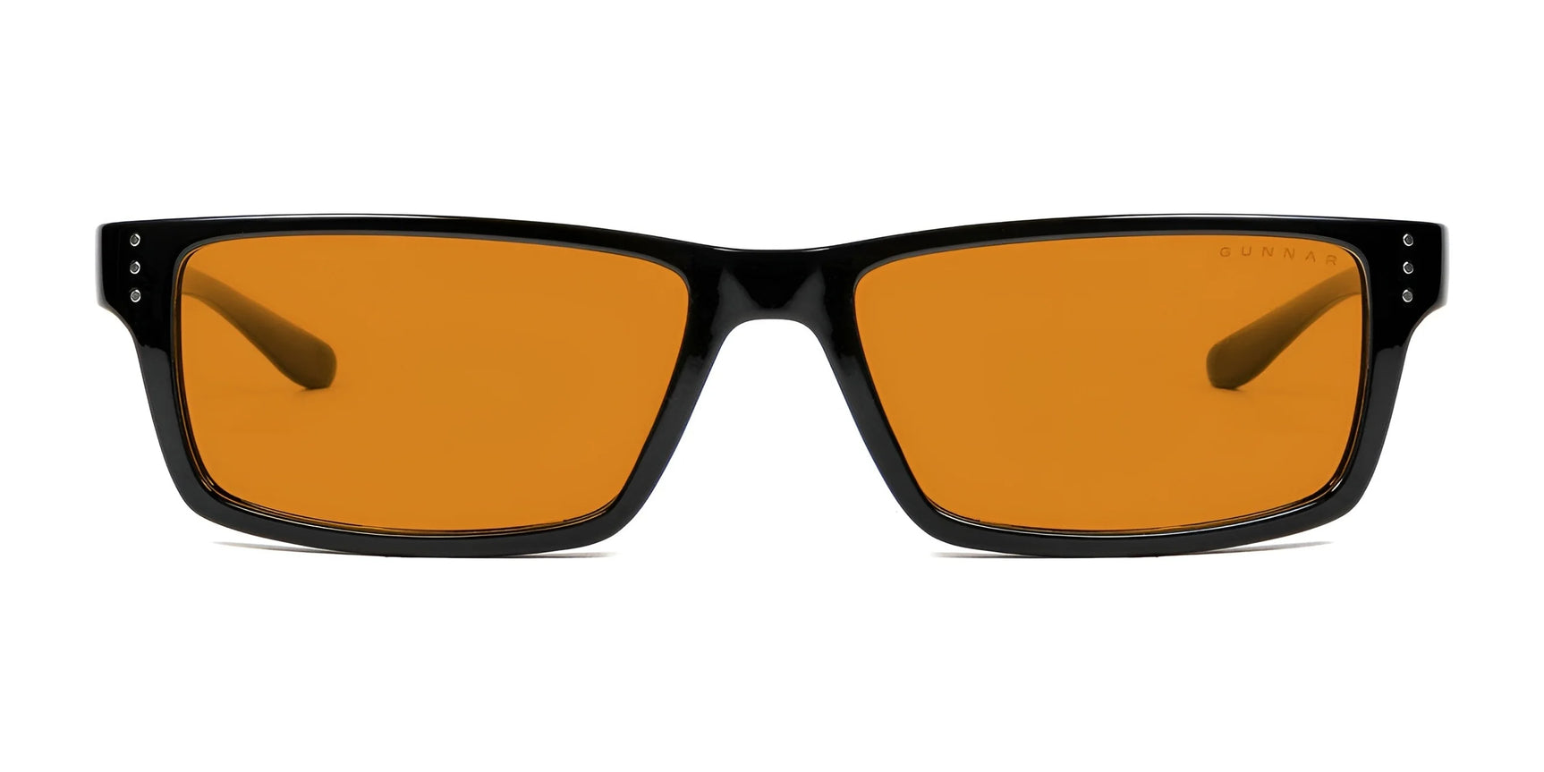 Gunnar Riot Computer Glasses | Size 58 offer black frames with rectangular amber lenses, featuring small silver accents and advanced GUNNAR technology for optimal blue light protection.