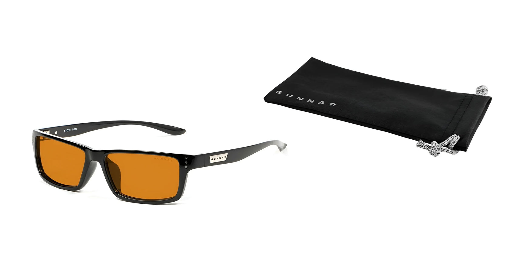 The Gunnar Riot Computer Glasses in size 58 feature orange lenses with advanced lens technology for blue light protection, accompanied by a sleek black pouch labeled "Gunnar.