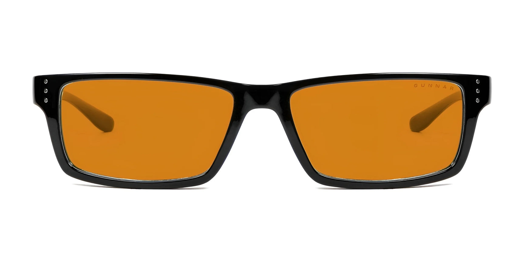 Gunnar Riot Computer Glasses feature black frames and amber-tinted rectangular lenses with GUNNAR lens technology for superior blue light protection.