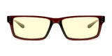 Gunnar Riot Computer Glasses, Size 58, feature a rectangular design with brown nylon frames and yellow-tinted lenses using GUNNAR lens technology for improved visual comfort. Front view.