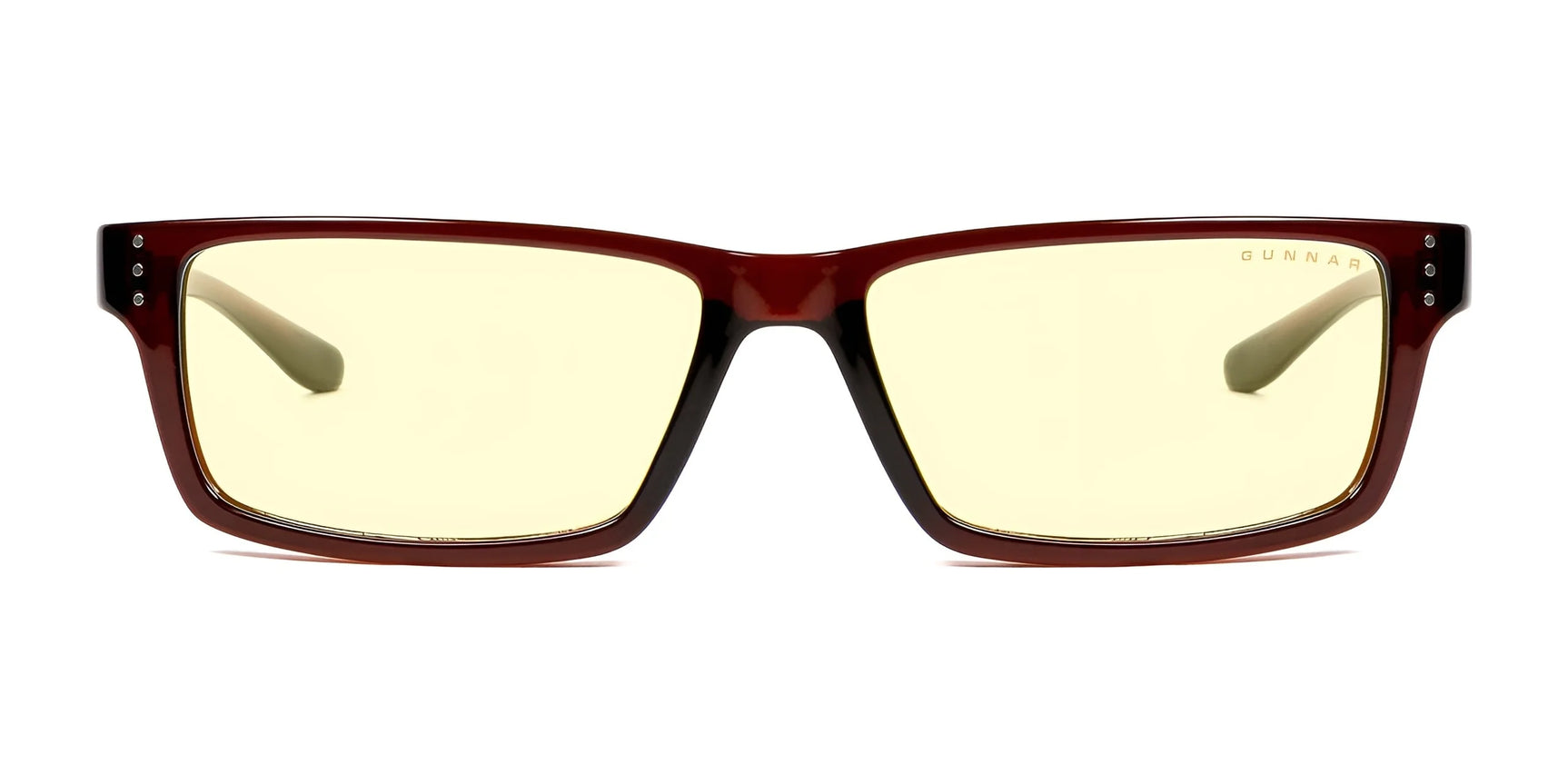 Gunnar Riot Computer Glasses, Size 58, feature a rectangular design with brown nylon frames and yellow-tinted lenses using GUNNAR lens technology for improved visual comfort. Front view.