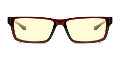 Gunnar Riot Computer Glasses, Size 58, feature a rectangular design with brown nylon frames and yellow-tinted lenses using GUNNAR lens technology for improved visual comfort. Front view.