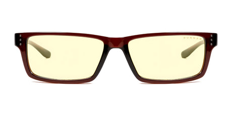 Gunnar Riot Computer Glasses, Size 58, feature a rectangular design with brown nylon frames and yellow-tinted lenses using GUNNAR lens technology for improved visual comfort. Front view.