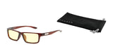 Gunnar Riot Computer Glasses in size 58 feature brown-tinted square lenses with GUNNAR technology for blue light protection and come with a sleek black "Gunnar" pouch on a white background.