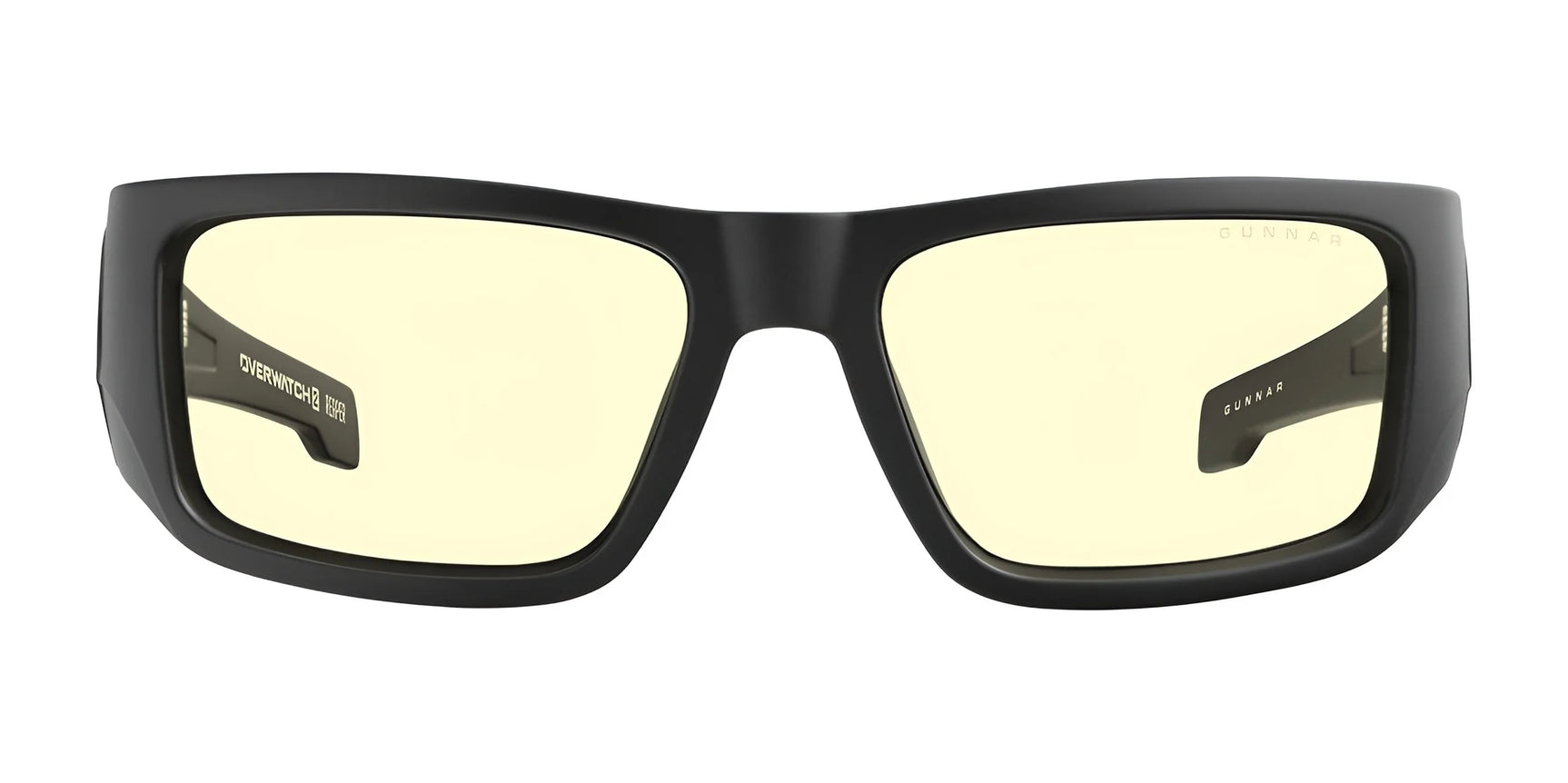 Gunnar Overwatch Reaper Computer Glasses feature a black rectangular design and yellow-tinted lenses with advanced anti-reflective technology, ideal for Overwatch 2 marathons.