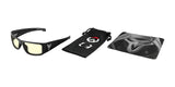 Gunnar Overwatch Reaper Computer Glasses, size 58, in black with a skull logo, come with a stylish Overwatch 2-themed pouch and hooded design mousepad. These glasses feature advanced anti-reflective lenses for enhanced gaming performance on a white background.