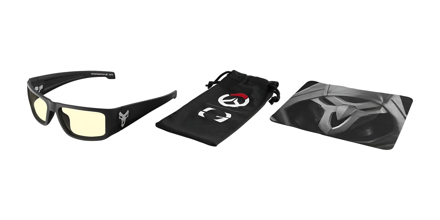 Gunnar Overwatch Reaper Computer Glasses, size 58, in black with a skull logo, come with a stylish Overwatch 2-themed pouch and hooded design mousepad. These glasses feature advanced anti-reflective lenses for enhanced gaming performance on a white background.
