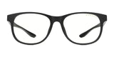 The Gunnar Rush Computer Glasses, Size 53, showcase black rims and clear lenses for kids and teens. Displayed on a white background, these stylish eyeglasses offer blue light blocking technology.