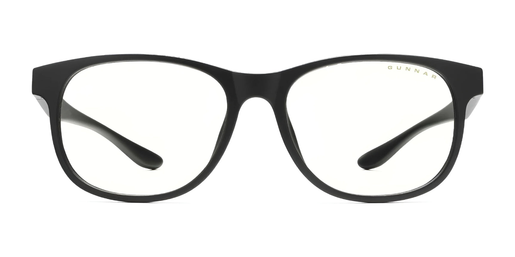 The Gunnar Rush Computer Glasses, Size 53, showcase black rims and clear lenses for kids and teens. Displayed on a white background, these stylish eyeglasses offer blue light blocking technology.