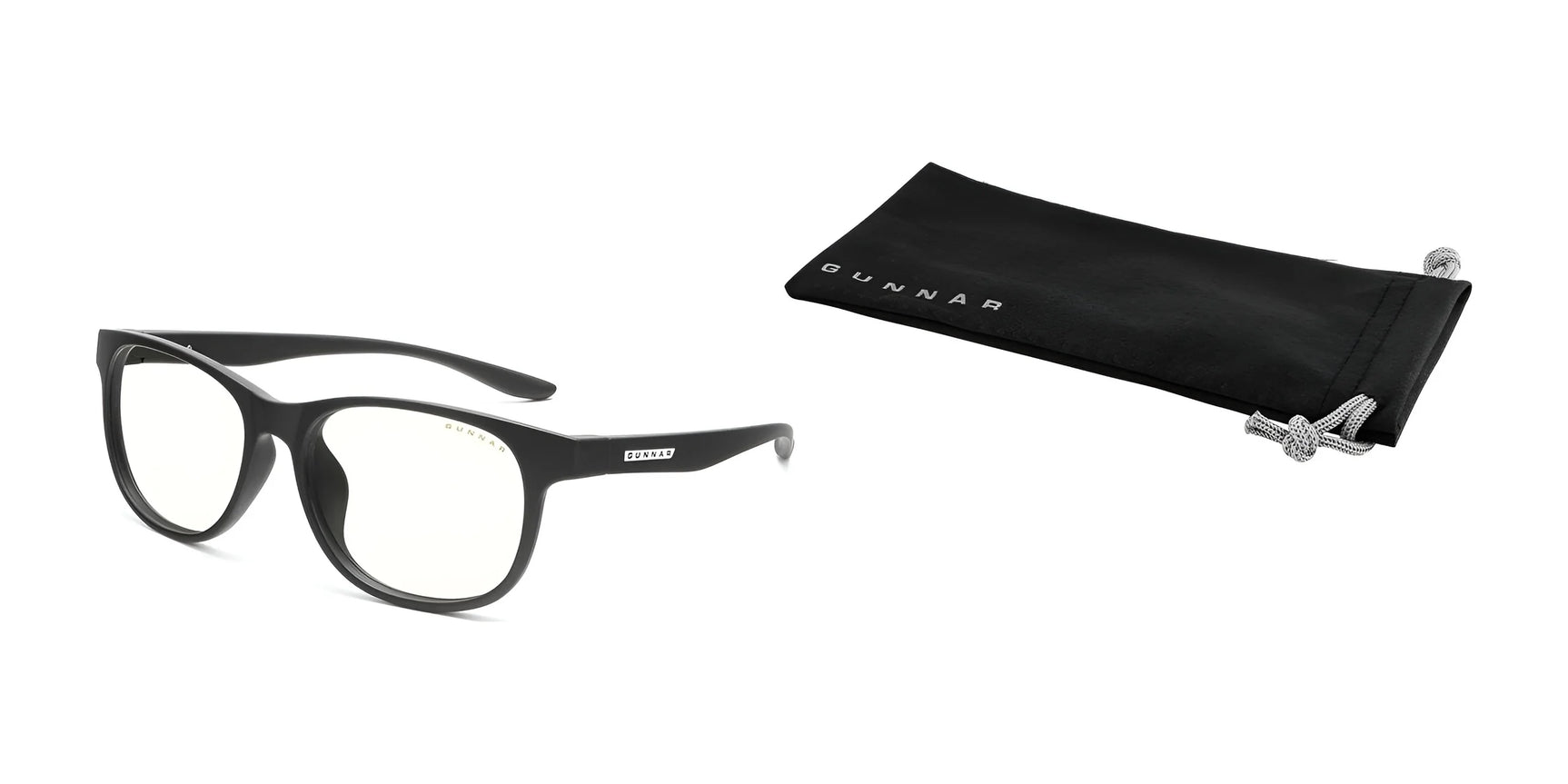 Gunnar Rush Computer Glasses with black rims and yellow-tinted, blue light-blocking lenses rest beside a black Gunnar pouch on a white background, ideal for kids and teens seeking style and eye protection.