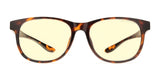 The Gunnar Rush Computer Glasses feature tortoise-shell frames and yellow-tinted, blue light-blocking lenses, ideal for kids and teens. Stylishly designed when viewed from the front.