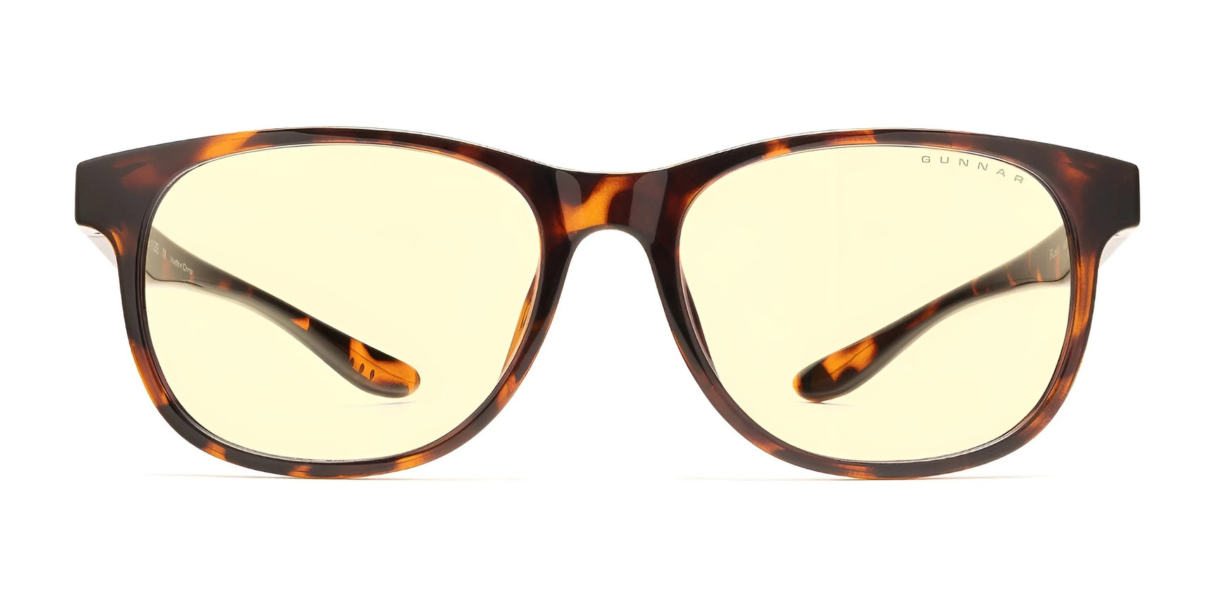 The Gunnar Rush Computer Glasses feature tortoise-shell frames and yellow-tinted, blue light-blocking lenses, ideal for kids and teens. Stylishly designed when viewed from the front.