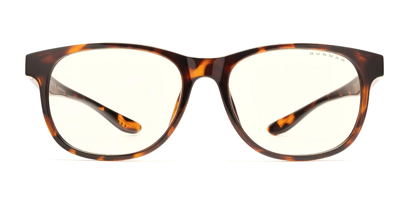 Gunnar Rush Computer Glasses in Tortoiseshell, featuring clear blue light blocking lenses, on a white background.