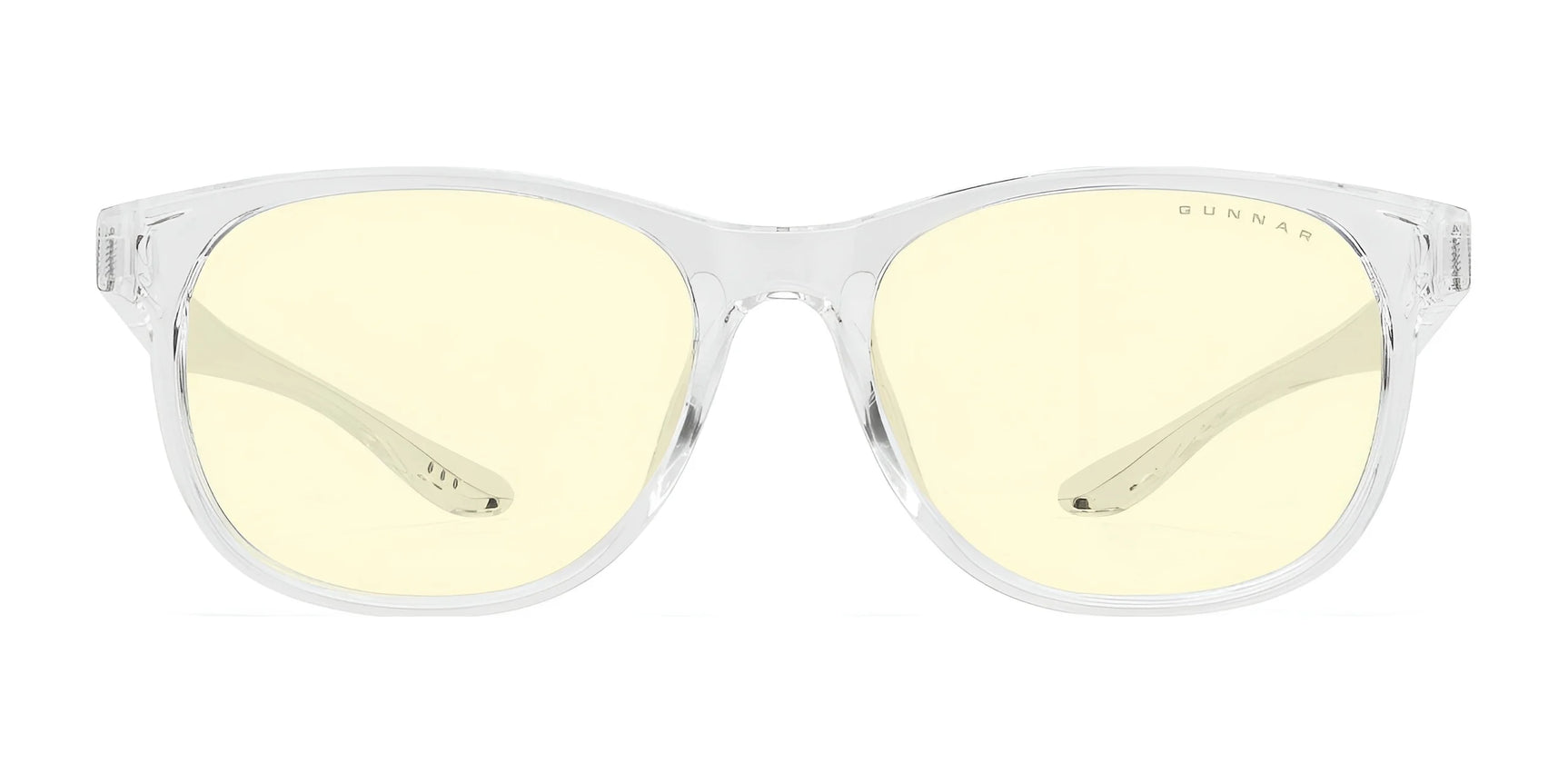 The Gunnar Rush Computer Glasses, size 53, designed for kids and teens with clear frames and light yellow tinted lenses, effectively block blue light when viewed from the front.