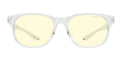 The Gunnar Rush Computer Glasses, size 53, designed for kids and teens with clear frames and light yellow tinted lenses, effectively block blue light when viewed from the front.