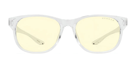 The Gunnar Rush Computer Glasses, size 53, designed for kids and teens with clear frames and light yellow tinted lenses, effectively block blue light when viewed from the front.