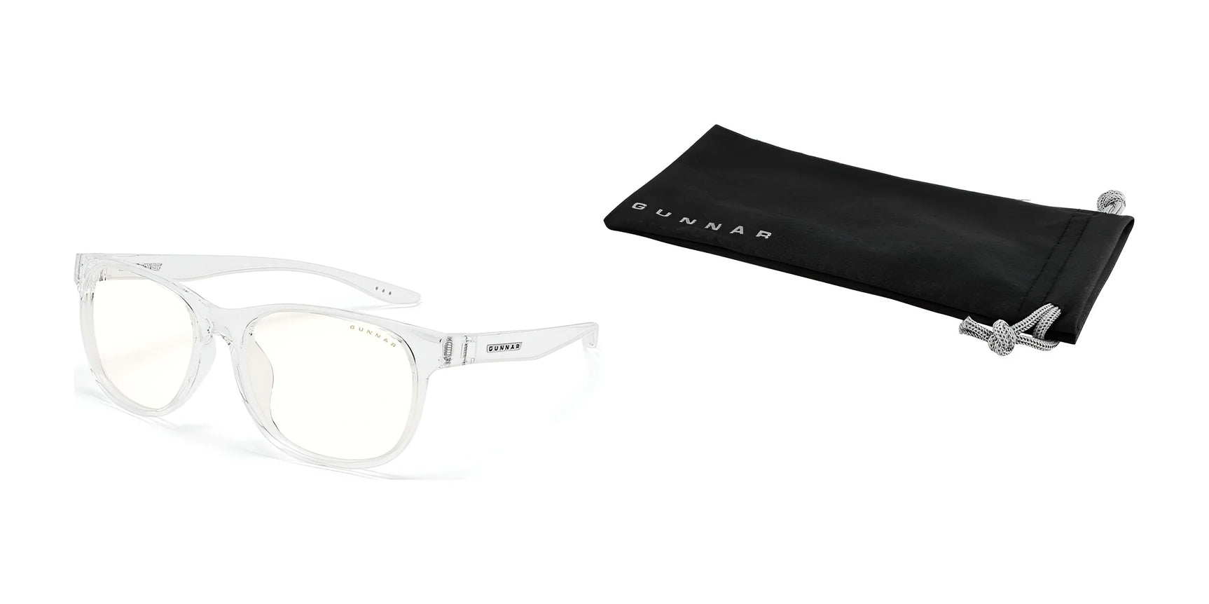 Gunnar Rush Computer Glasses, size 53, feature clear frames with yellow-tinted lenses for kids and teens. These stylish glasses are ideal for blue light blocking during screen time and come with a black Gunnar pouch—all set against a white background.