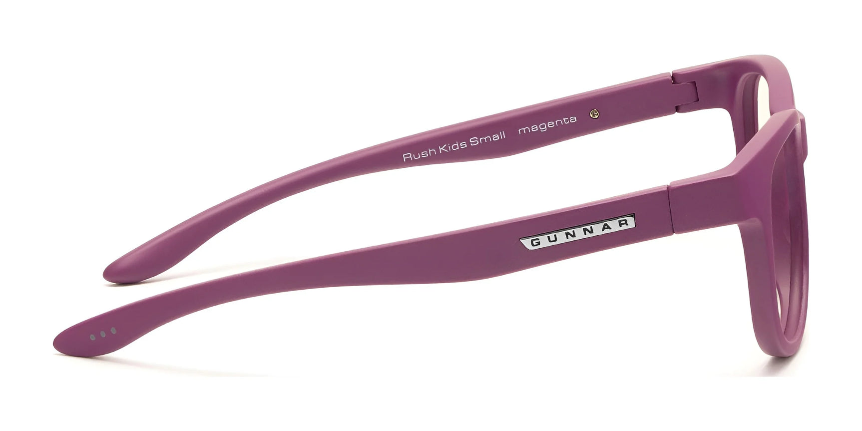 Side view of pink Gunnar Rush Kids Computer Glasses, with "Rush Kids Small" inscribed on the inner arm, designed for kids and teens with blue light blocking technology.