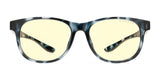 The Gunnar Rush Kids Computer Glasses by Gunnar feature blue tortoiseshell frames with light amber lenses, perfect for kids and teens. They effectively block blue light and reduce eye strain on white backgrounds.