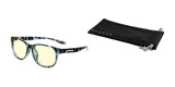 Gunnar Rush Kids Computer Glasses with blue patterns and tinted lenses rest beside a sleek black Gunnar pouch on a white background.